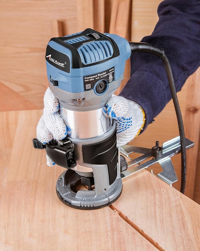 AVID POWER 6.5 Amp 1.25 HP Compact Router Tools for Woodworking, Fixed Base Wood Router with Trim Router Bits, 6 Variable Speeds, Edge Guide, Roller Guide, Dust Hood (Blue, 65mm)