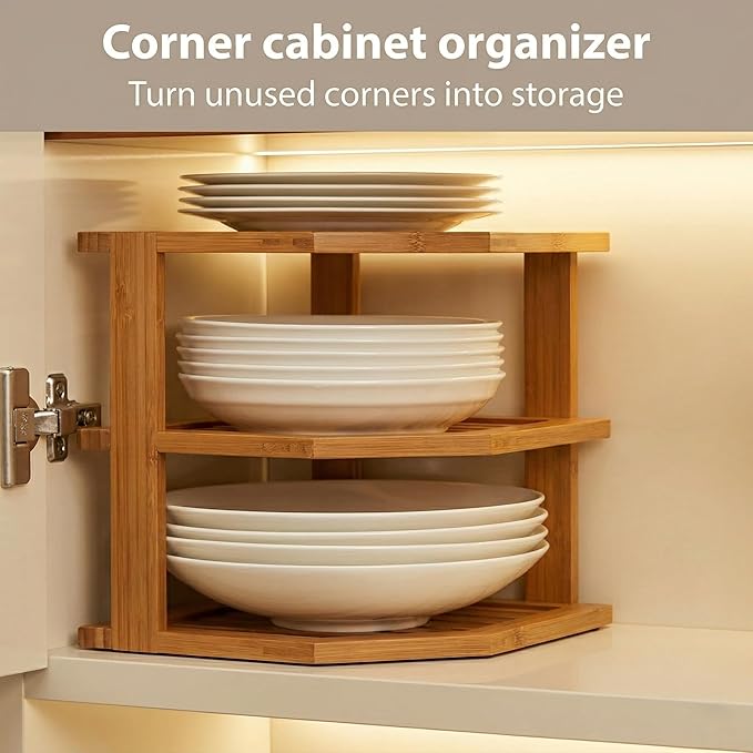 Plate Organizer for Cabinet - 3 Tier Bamboo Corner Shelf Cabinet Organizer for Plates, Bowls, Mugs and Pantry Storage, Space Saving Countertop and Cabinet Corner Shelf, 10 x 10 x 9.5 Inch, Bambusi | Kitchen Counter, Cabinet Space Saver, Plates, Dishes,...