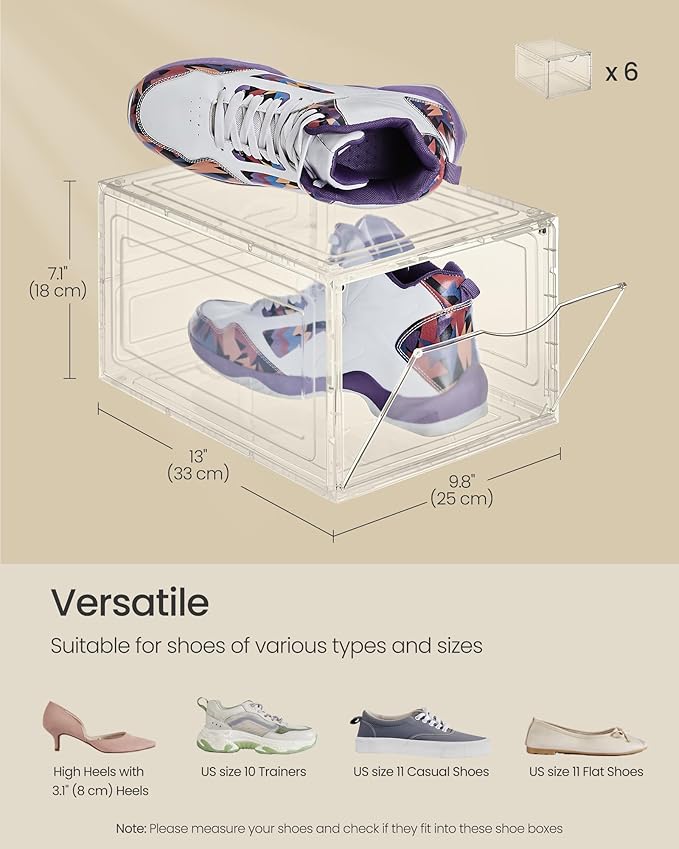 SONGMICS Shoe Boxes, Set of 6, Clear Plastic Shoe Storage, Stackable Sneaker Box, Drop Front Door, Up to US Size 11, Easy Assembly, 13 x 9.8 x 7.1 Inches, Transparent White ULSP032W06