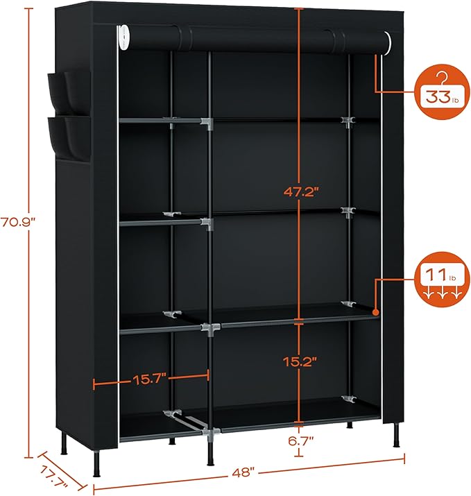 CASAMAYA Portable Closet, 48 Inch Large Capacity Wardrobe Closet, Clothes Storage Organizer with Shelves and Hanging Rod, Easy to Assembly, Black PCT221B01