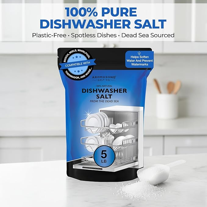 Aromasong Dishwasher Salt 5 LB - 100% Natural Water Softening Agent Compatible with Bosch, Miele, Whirlpool, Thermador and More... For Cleaner Dishes & Washer Reactivation (packaging may vary)