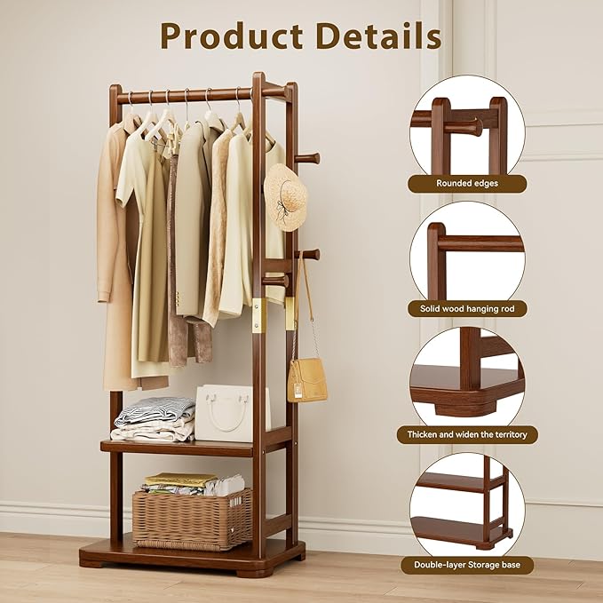Taitiy Coat Rack Solid Wood Clothes Rack with 2 Shelves & 4 Hooks for Hanging Clothes Garment Wallets Hats, Clothing Rack Coat Rack Freestanding Hall Tree with Storage for Hallway Bedroom Living Room