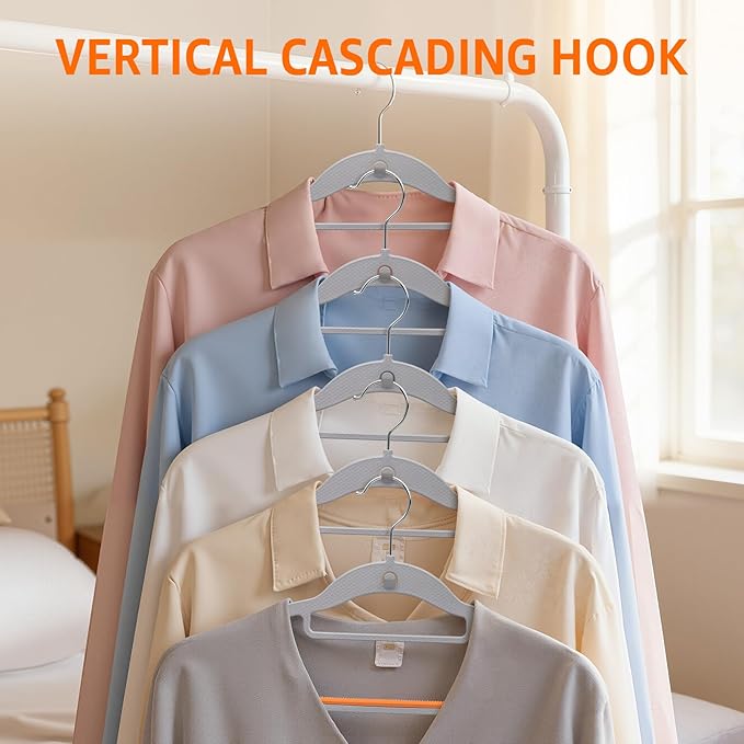 Yolife Cascading Plastic Clothes Hangers 20 Pack with Inner Hook for Vertical Storage, Slim Space Saving Hangers with Non-Slip Pads, 360° Swivel Metal Hook, Versatile, Gray & Orange