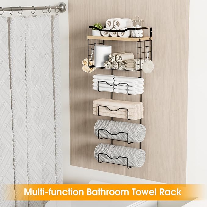 Towel Racks for Bathroom,Towel Rack Wall Mounted, 6 Tier Rolled Or Folded Towel Holder with Floating Shelves, Bathroom Towel Holder for Bath, Hand Towels,Metal,Walnut Wood Panel