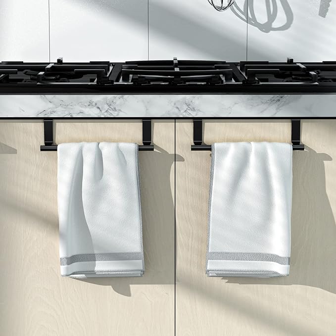 Stainless Steel Over Door Towel Rack Bar Holders for Universal Fit on Over Cabinet Cupboard Doors 2 Pack (Black)