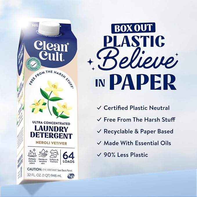 Cleancult Ultra Concentrated Liquid Laundry Detergent, 64 loads (32 oz), Long Lasting Scent, 90% Less Plastic, No Harsh Chemicals, Neroli Vetiver, Defeats Stains & Odors, HE/Standard Compatible