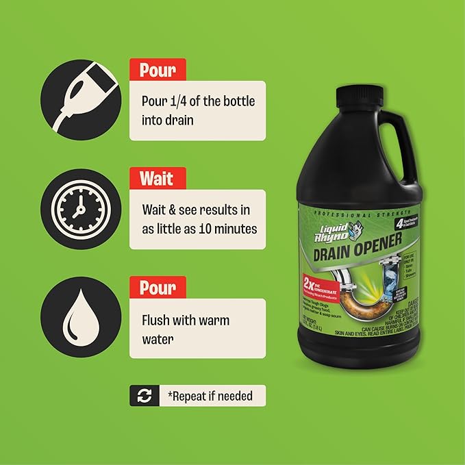 Liquid Rhyno 62 oz. Drain Opener, 2X Concentrate Hair Clog Remover for Sink, Bathtub or Shower Drains, Fast Acting Pro Strength Clears Slow-Flowing Drains, Safe for all Drain Pipes, 4 Treatments