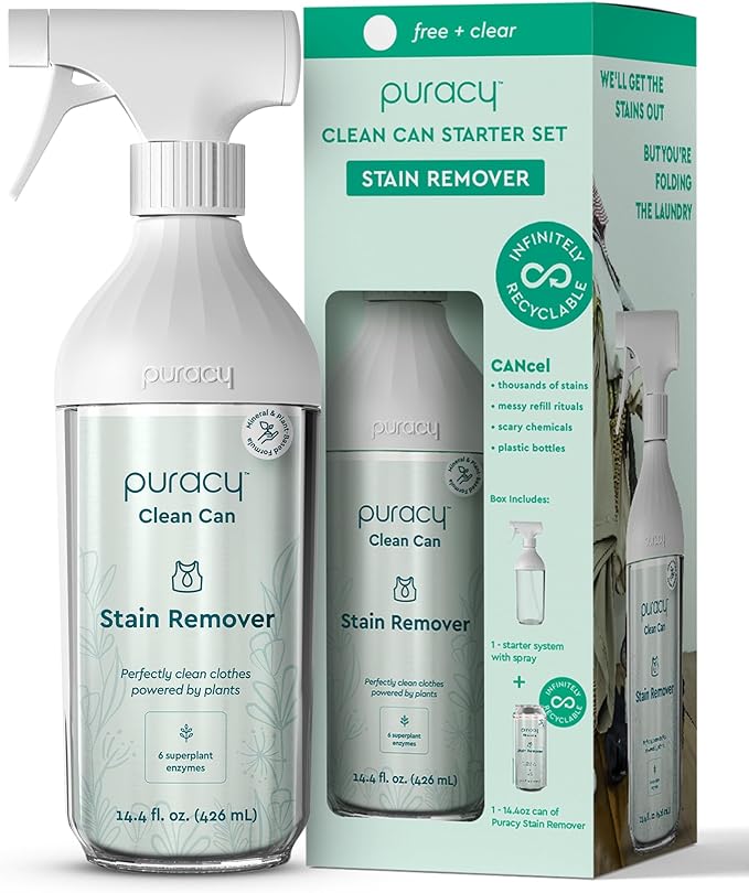Puracy Natural Stain Remover - Clean Can - Fabric Stain Remover for Clothes Laundry - Stain Treater - Active Enzyme Laundry Stain Remover Spray - Spot Remover for Clothes (Starter Set, Free & Clear)