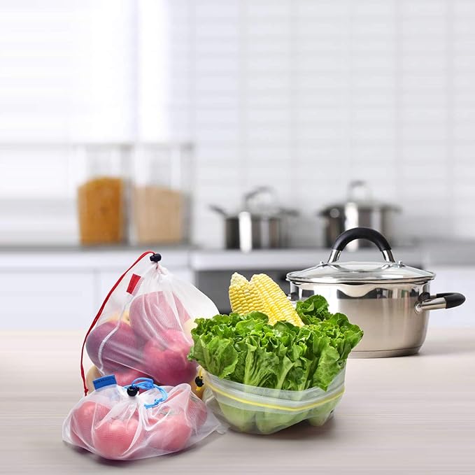 24 pack Reusable Produce Bags,Reusable produce bags for grocery,mesh bags See-Through and Washable Grogery Bags with 3 Sizes useful for storage fruits,vegetables,toys