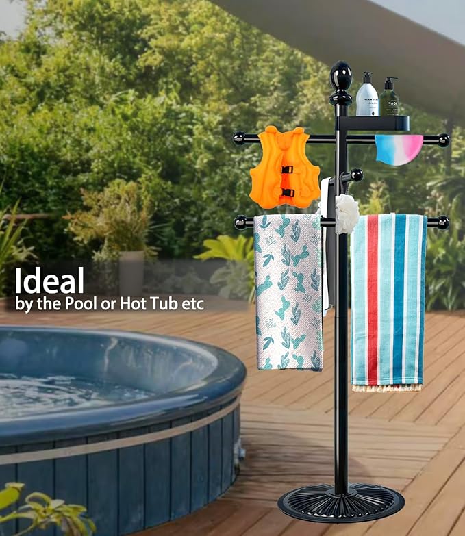 Pool Outdoor Towel Rack, 6 Bars with Top Tray Metal Heavy Duty Pool Accessories with Heavy Metal Base, Hot Tub Accessories Towel Dying Rack Towel Stand for Pool, Hot Tub etc