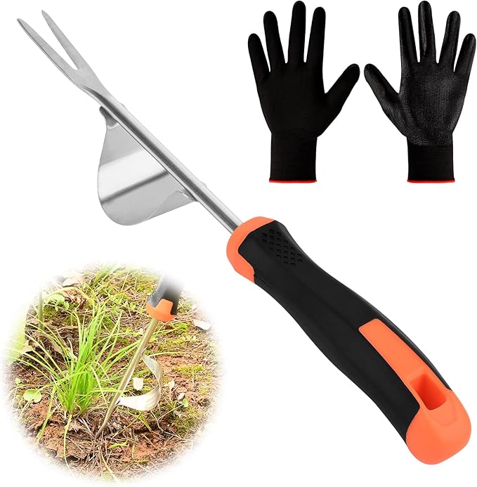 Hand Weeder Tool - V-Shaped Stainless Durable Unique Lever Design Weed Puller Tool with Anti-Slip Rubberized Handle for Effortless Dandelion Their Roots & Weed Removal.