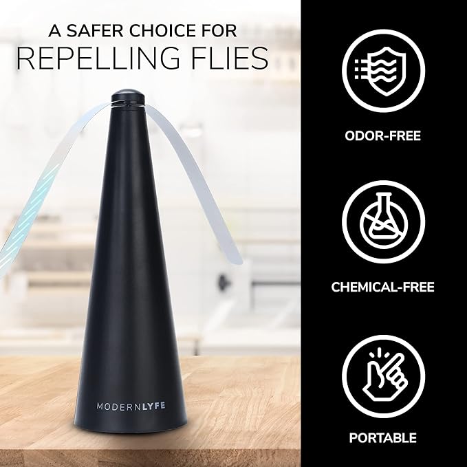 Fly Fans for Tables by Modern Lyfe - AA Battery & USB Powered - Fly Swatter Outdoor Camping Accessory Or for Food at Parties, Restaurants & Picnics, Bug Fan, Spinner Keeps Flies Away (1 Pack - Black)
