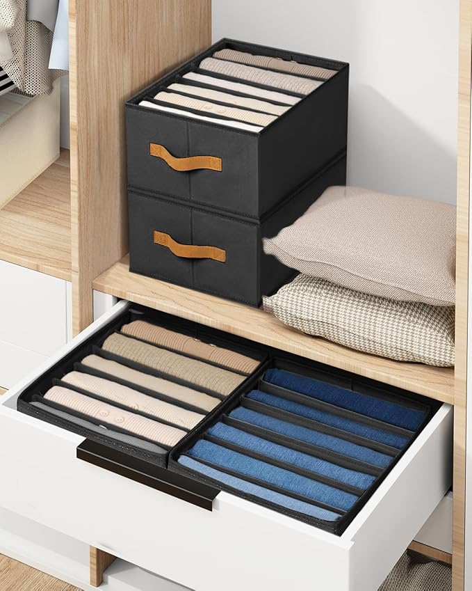DIMJ Large Wardrobe Clothes Organizers - Foldable Closet Clothing Organizer for Jean Sweater Shirt Pants Underwear Bra, Divided Clothes Drawer, Grey Closet Shelf Organizer Boxes