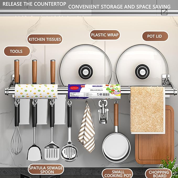 Hanging Wall Mount knife Wall Mount, Kitchen Organizer Storage Shelf for Utensils Spatula Spoon, Space-Saving Knife Rack with Hooks,Wall-Mounted Utensil Holder (Silver, 50CM+Single Pole+8Hooks)