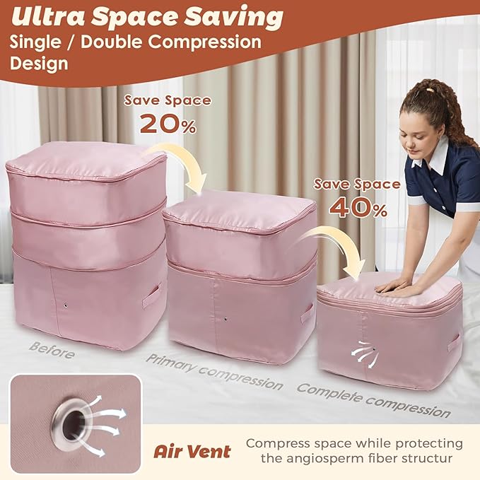 Ultra Space Saving Self Compression Organizers, Double Zipper Compression Packing Cubes for Bedding, Comforter Storage Bag for Blankets Duvet Quilts Pillows Queen King (Beige, X-Large)