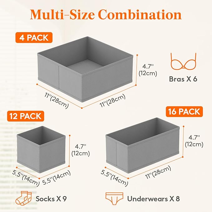 Lifewit Drawer Organizer Clothes for Closet 32 Pack, 3 Sizes Underwear Wardrobe Drawer Dividers, Fabric Foldable Dresser Storage Organizer Bins for Sock/Bra/Lingerie/Undies, Light Gray