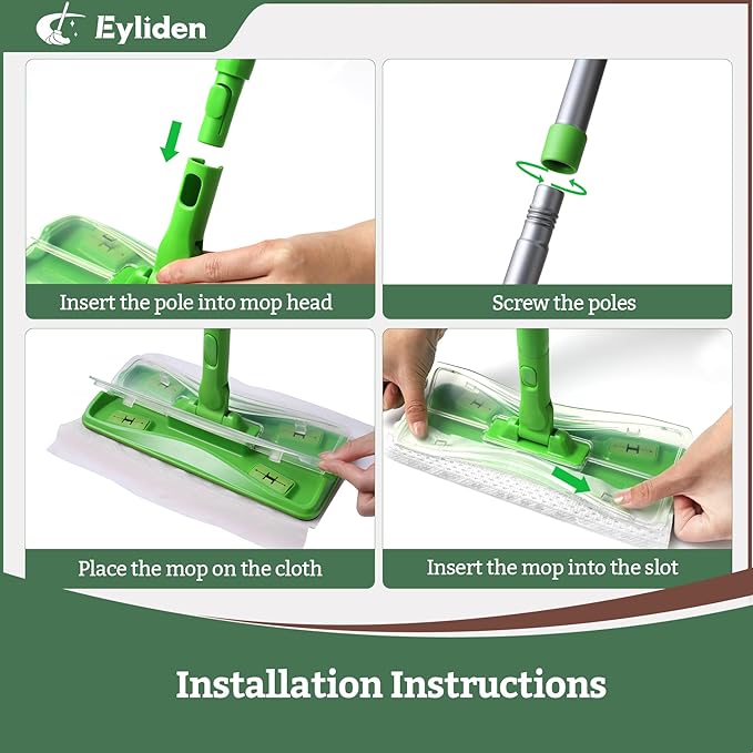Eyliden Sweeper Mop with 36 Refills - 3 Types of Disposable Dry & Wet Cloths | Lock-Tight Design No Lost Pads, Universal Refills, Multi-Surface Sweeping Starter Kit for Pet Hair, Dust, Floor Cleaning