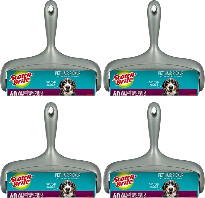 Scotch-Brite Pet Hair Pickup Extra Sticky Large Surface Lint Roller with Handle, 50% Stickier, 8 in x 29.8 ft Each, 4 Pack, 240 Easy-Tear Sheets Total