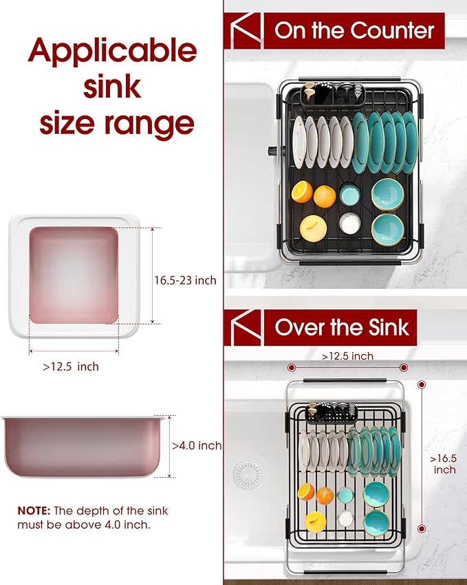 Sakugi Extendable Dish Drying Rack Over Sink with Dish Drainer, Sink Organization and Storage Essentials with Silverware & Utensil Holder, Home and Apartment Decor, 12" W x 16.1~23" L, Black