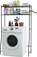 Laundry Room Storage Shelf & Organizer, 2 Tier Metal Over Washer and Dryer Shelves, Washing Machine Shelf with Hanger Rod, Expandable Bathroom Space Saver Shelf, 26–37" L x 15.8" W x 59.5" H, Black