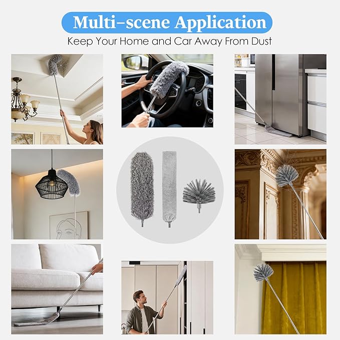 Cobweb Duster with Extension Pole, Washable Cleaning Microfiber Feather Duster 5-in-1 Kit with 3 Duster Heads, 100'' Bendable Extendable Long Duster for High Ceilings, Fans, Blinds, Furniture & Car