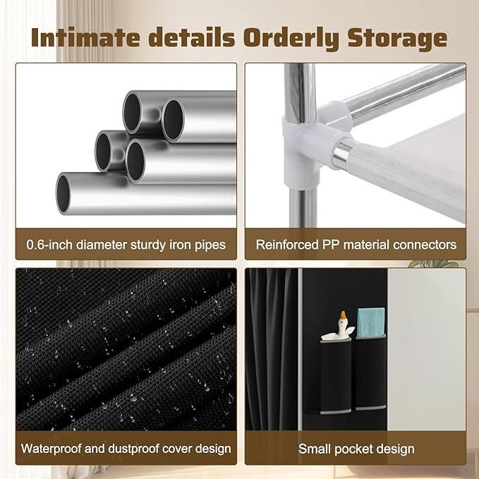 BAOKALER Portable Closet, Portable Closets for Hanging Clothes with 3 Hanging Rods and 6 Storage Shelves, Non-Woven Fabric Cover, Black Wardrobe Closet Easy to Assemble and Strong and Stable