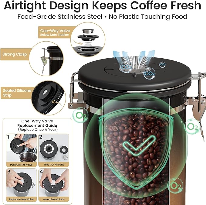 Veken Coffee Canister with Window,Airtight Stainless Steel Kitchen Food Storage Container, Date Tracker & Scoop for Grounds Coffee, Beans, Tea,Flour,Cereal,Sugar,22OZ,Copper