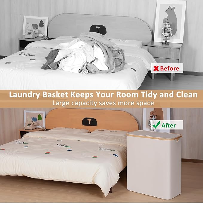 iEGrow 150L Laundry Basket with Lid, Large Laundry Hamper with Bamboo Handle, Collapsible Dirty Clothes Hamper Organizer with 2 Removable Inner Bags for Clothes Toys Towels - Beige