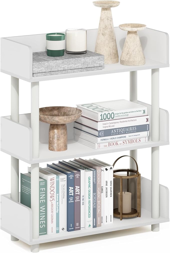Furinno Turn-N-Tube Display Shelf, 3-Tier Storage Shelves with Side Panels, Open Shelves Book Shelf with Rounded Corner Top Edges, for Organization and Storage, Living Room, Home Office, White