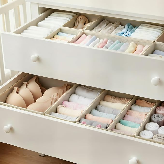 Drawer Organizer for Clothes & Underwear - 4-Pack Fabric Storage Bins with Zipper Bottom | Bra Drawer Organizer & Sock Organizer for Dresser - Foldable Baby Clothes Organizer Set, Grey