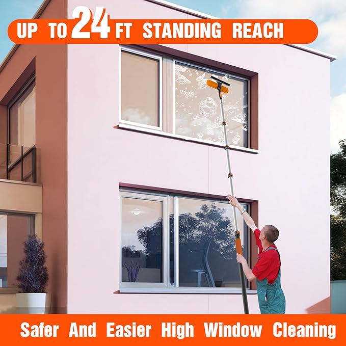30FT Window Squeegee with Extension Pole, 2-in-1 Squeegee for Window Cleaning, Professional Cleaning Kit for Home with 24FT Telescoping Pole for Outdoor Indoor Use
