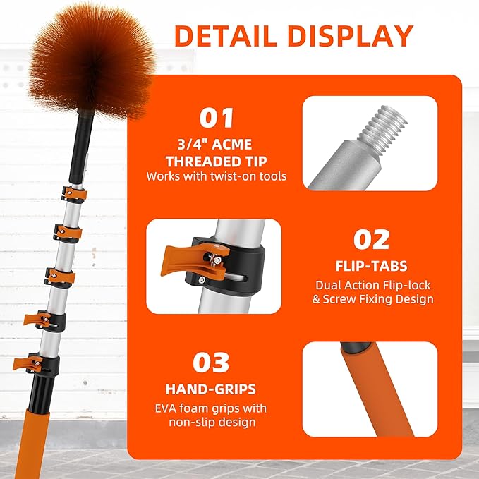 30 FT Reach Cobweb Duster with 5-24 FT Telescoping Pole, Dual Action Flip-Lock & Screw Fixing Design, Washable Reusable Duster for High Ceilings, Fans & Home Cleaning