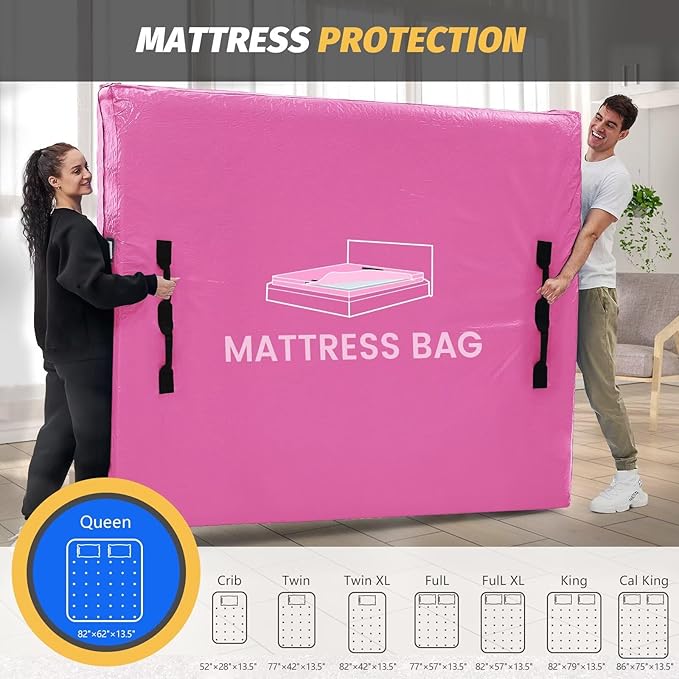 Mattress Bags for Moving and Storage, BETU Queen Mattress Protector Waterproof Mattress Cover with 8 Heavy Duty Handles and Zipper Extra Thick Moving Supplies for Bed Reusable (82x62x13.5 Pink)
