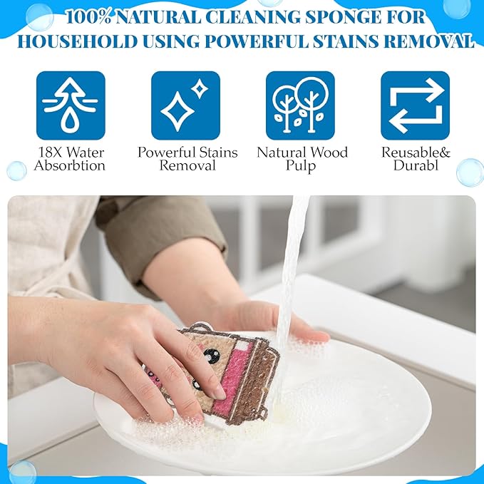 8 Pack Cute Kitchen Sponges Dish Set Compressed Non-Scratch Reusable Kitchen Cleaning Household Sponges for Dishes, Pans, Kitchen, Fruit, Plate, Bathroom(Bubble Tea)