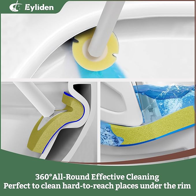 Eyliden Disposable Toilet Brush and Plunger Combo | 2-in-1 Toilet Bowl Wand Kit - 10 Count Pre-Soaked Refill Heads, 3-Step Plunger, Storage Holder - Compact Toilet Cleaning System, White