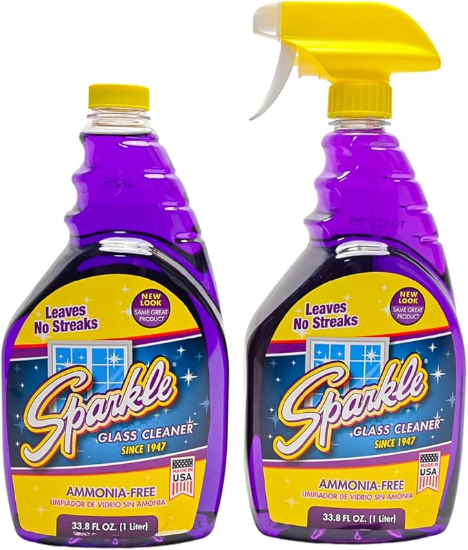 Sparkle Glass Cleaner 1 Spray Bottle 33.8 And 1 Refill 33.8, Ammonia-Free Original Formula Heavy Duty Glass Cleaner, Leaves No Streaks (67.6 Fl Oz,Pack of 3)
