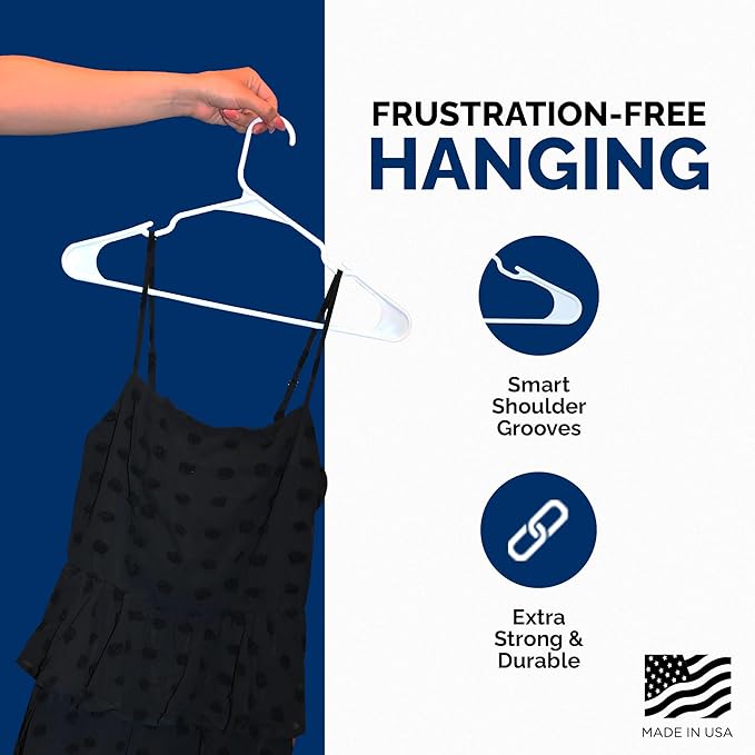 Plastic Hangers 50 Pack, Strong Space Saving Clothes Hanger, Made in USA, Perfect Shirt or Coat Plastic Hanger, with Shoulder Grooves, White, Notched