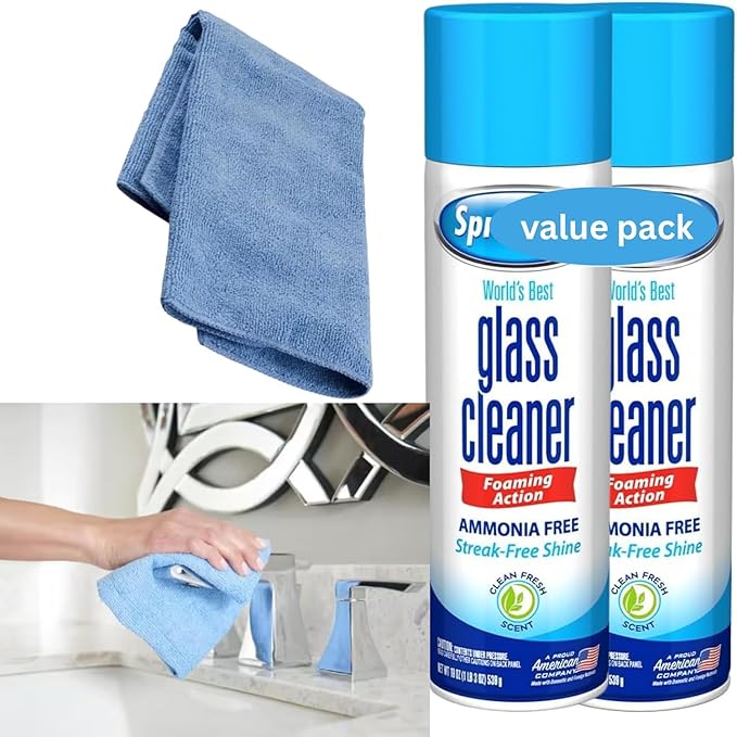 Glass Cleaner Foam, Foaming Action & Spray, 23oz - 2 Pack - Clean Fresh Scent - Bundled With 2 Microfiber Cleaning Clothes (Total 46 OZ)