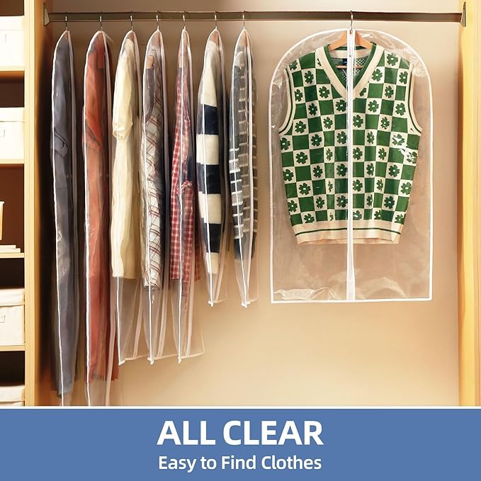 48" All Clear Garment Bags for Hanging Clothes, 5 Packs Suit Bags for Closet Storage, Plastic Waterproof Suit Cover Bags with Zipper for Coats, Jackets, Dresses (Set of 5)