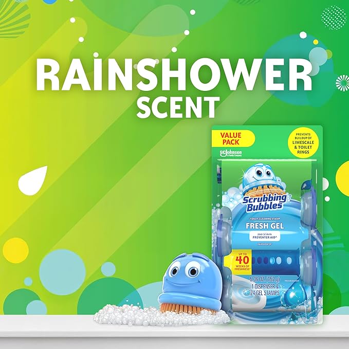 Scrubbing Bubbles Fresh Gel Toilet Bowl Cleaning Stamps, Helps Keep Toilet Clean and Helps Prevent Limescale & Rings, Rainshower Scent, 1 Dispenser with 24 Fresh Gel Stamps