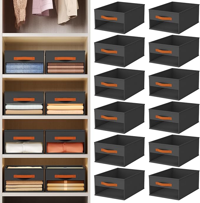 Homsorout Drawer Organizers and Storage - 12 Pack Foldable Pants Organizer with Clear Window & Handles, Fabric Closet Organizer for Clothes, Jeans, Sweaters, Towels, T-shirt, Scarf (Black)