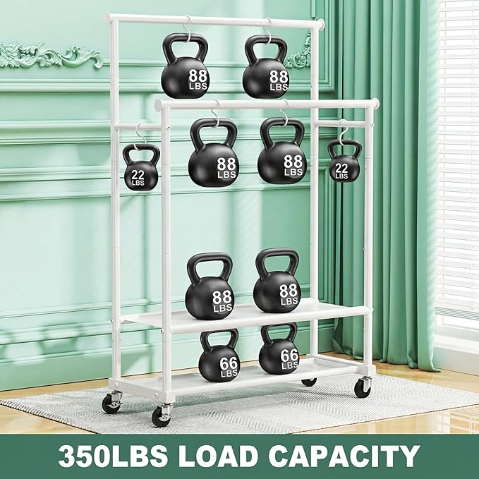 Double Rods Clothes Rack for Hanging Clothes, Heavy Duty Rolling Clothing Rack with Wheels, Freestanding Garment Racks with Oxford Bottom Shelf and Mesh Bottom Shelf for Bedroom Laundry (White)