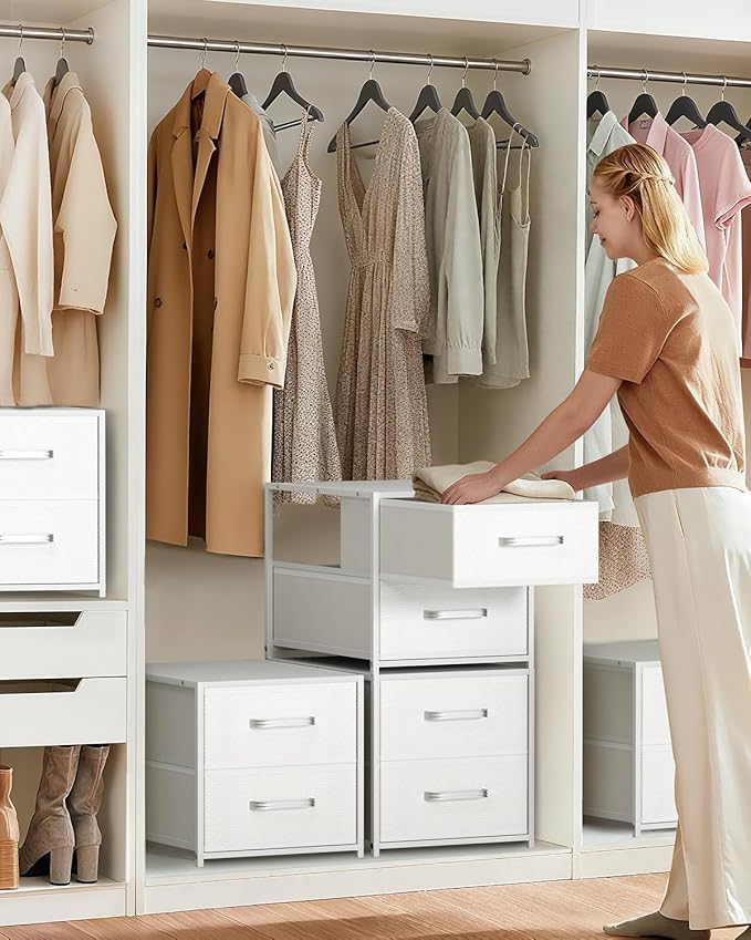 Homsorout Stackable Storage Drawers - 2 Tier Closet Drawers, Closet Organizer with Metal Handles, Night Stand with Collapsible Bins, Fabric Dresser for Bedroom, Dorm, Office, White, 2 Pack
