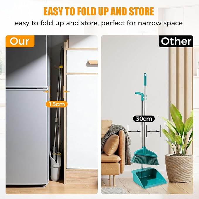 Upgrade Broom and Dustpan Set 180° Rotatable Head with 61" Extra Long Adjustable Handle Self-Cleaning Dustpan Teeth&Zero Gap Indoor Outdoor Sweeping for Home Kitchen Office Pet Hair-Gray&Yellow