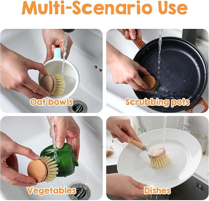 11 Pcs Bamboo Dish Brush Set, Multifunctional Bamboo Dishwashing Scrub Brush with Natural Sisal Bristles, Wooden Handle Dish Brush with Replacement Heads for Cleaning Pots Dishes Pans Vegetables