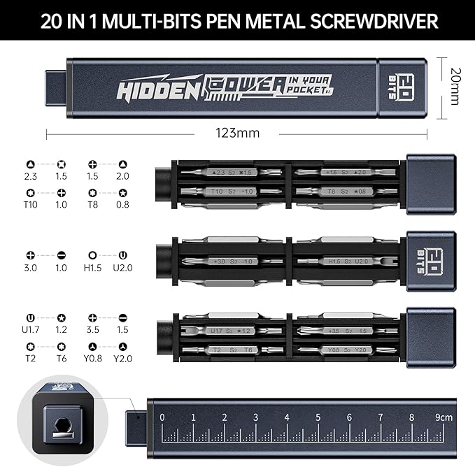 JAKEMY 20 in 1 Metal Precision Screwdriver Set, 10 Pcs Reinforced S2 Steel Precision Double-head Bits, Manual Pen Shaped Screwdriver Kit, Portable Screwdriver Repair Tool Kit