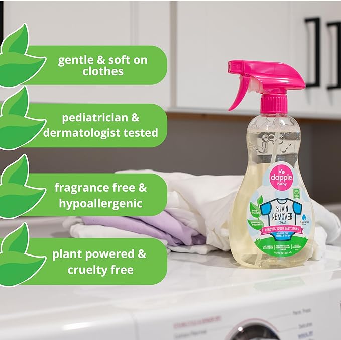 DAPPLE Stain Remover Spray, Plant-Based, Fragrance Free, 16.9 Ounce Spray Bottle, Hypoallergenic, Baby Laundry Stain Remover for Clothes & Cloth Diapers