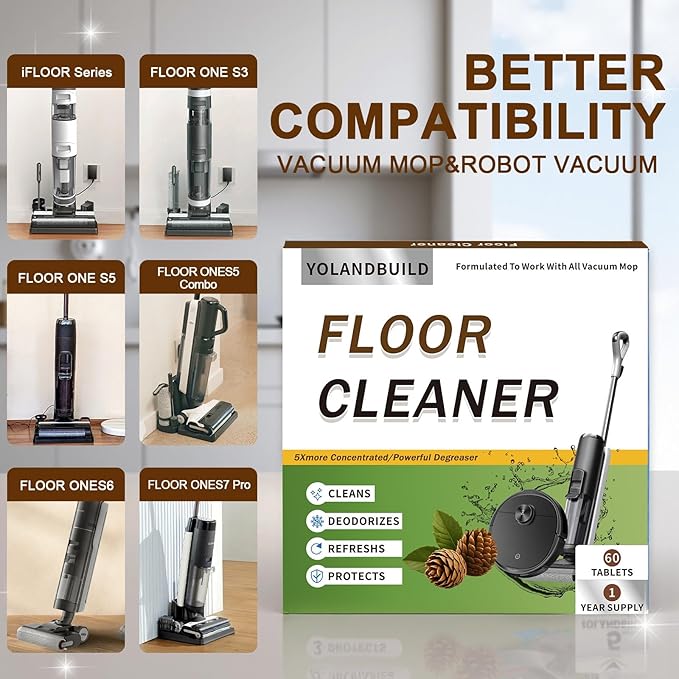 Multi-Surface Floor Cleaning Solution Compatible with Tineco/Roborock Vacuum Mop, Cleaner Refill for All Mopping Robot Vacuums and Cordless Wet/Dry Mops,60 Pack, Pine Fragrance