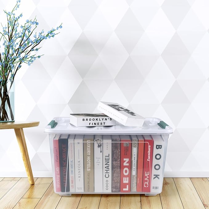 Begale 80 L Plastic Storage Bins with Lids, 4-Pack Clear Storage Box with Wheels