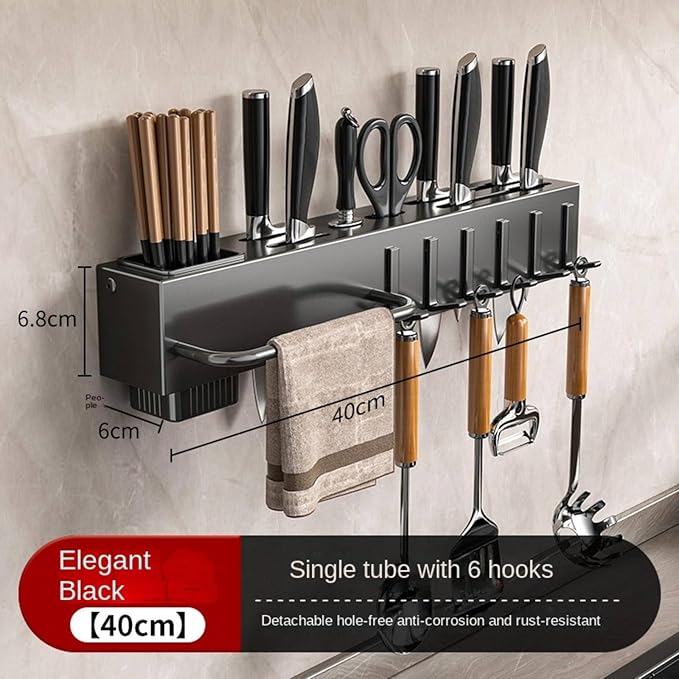 New Multi-Functional Kitchen Rack Home Wall-Mounted Knives Chopstick and Spoon Storage Rack Punch-Free cookware draining Rack, 30, Black